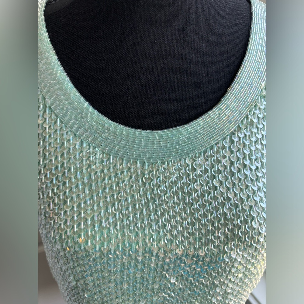 Vintage hand beaded sequin sleeveless blouse Seafoam green blue size medium - Picture 5 of 8